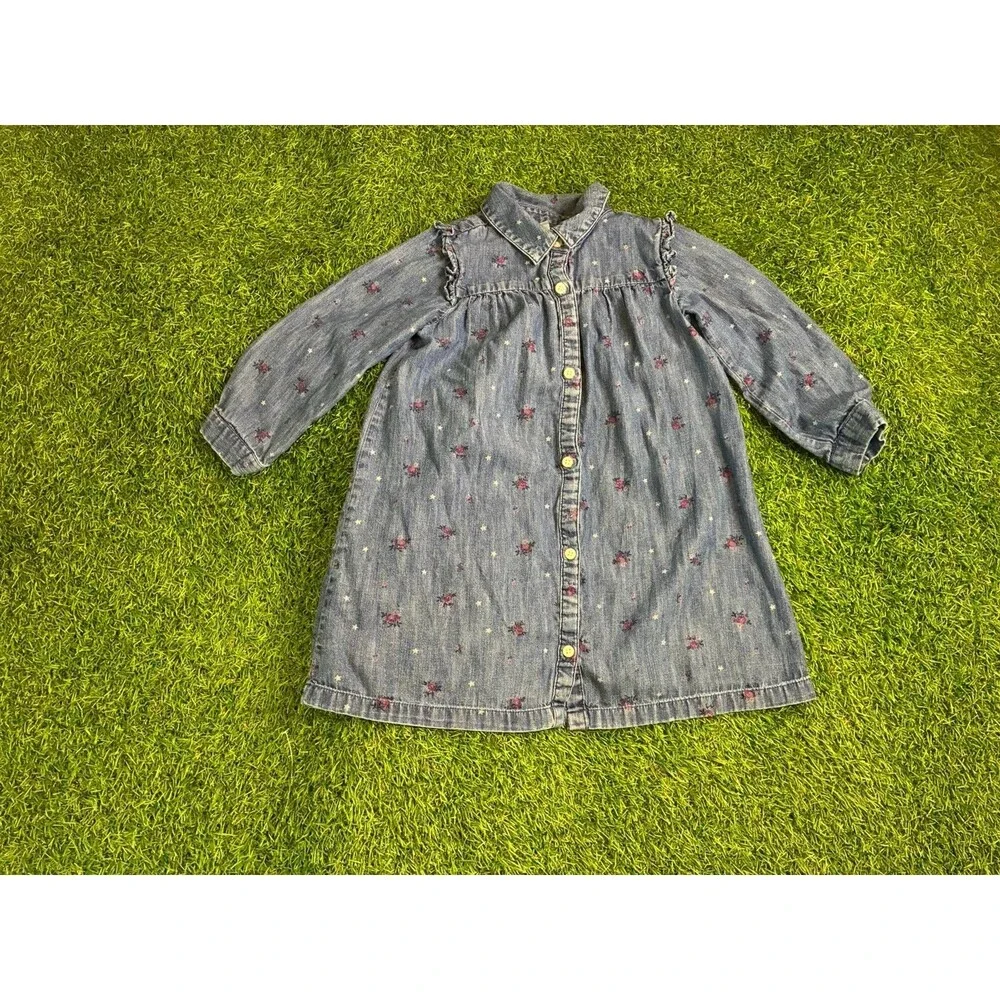 Vintage Baby Gap Chambray Floral Shirt Dress Girls 4T Long Sleeve